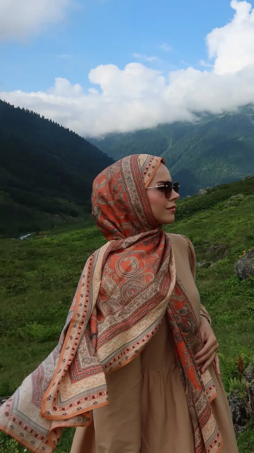 Turuncu pamuk ipek şal 